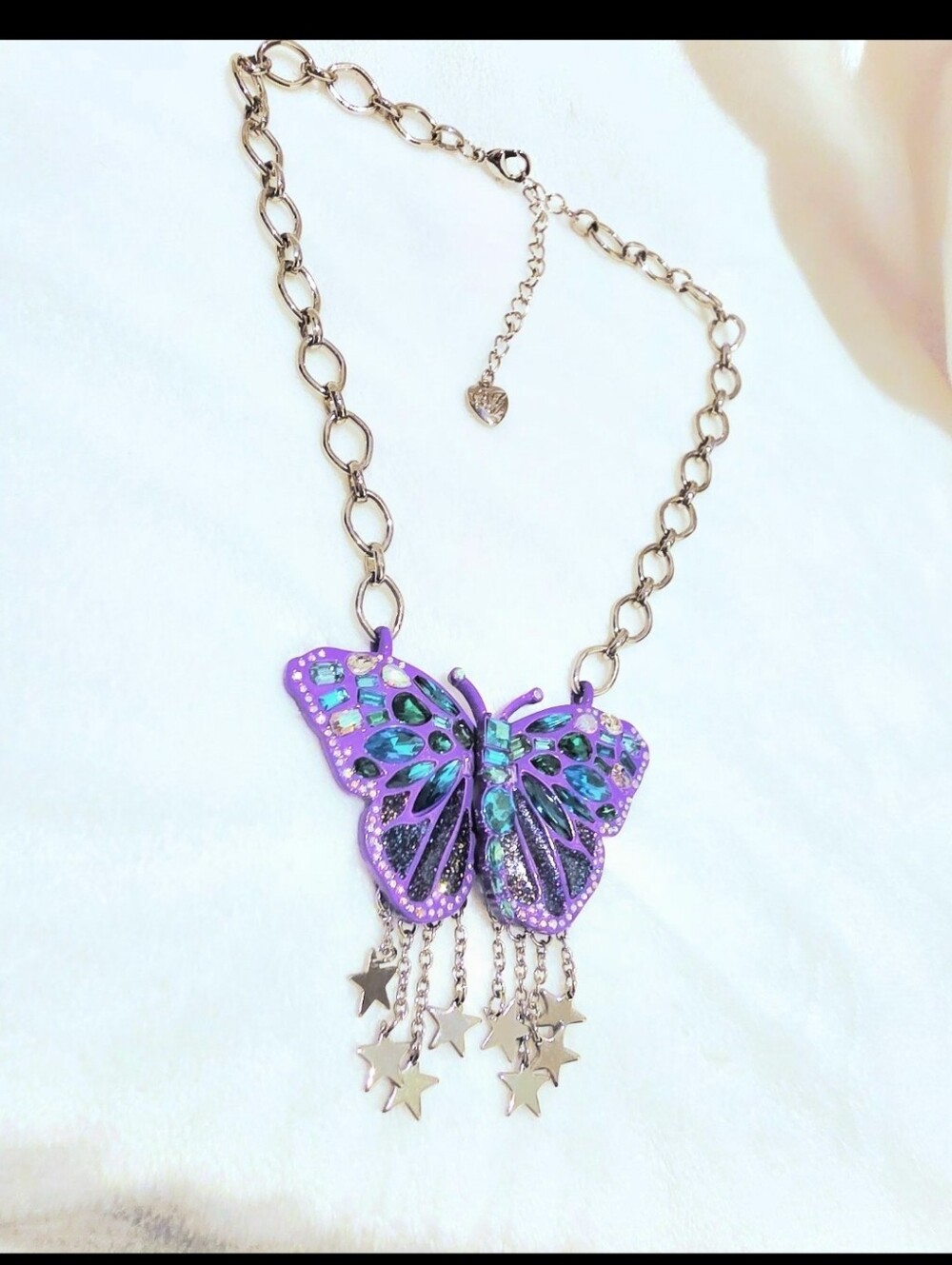 Silver Chain Purple Multicolor Crystal Purple Butterfly Star Necklace - Picture 10 of 14
